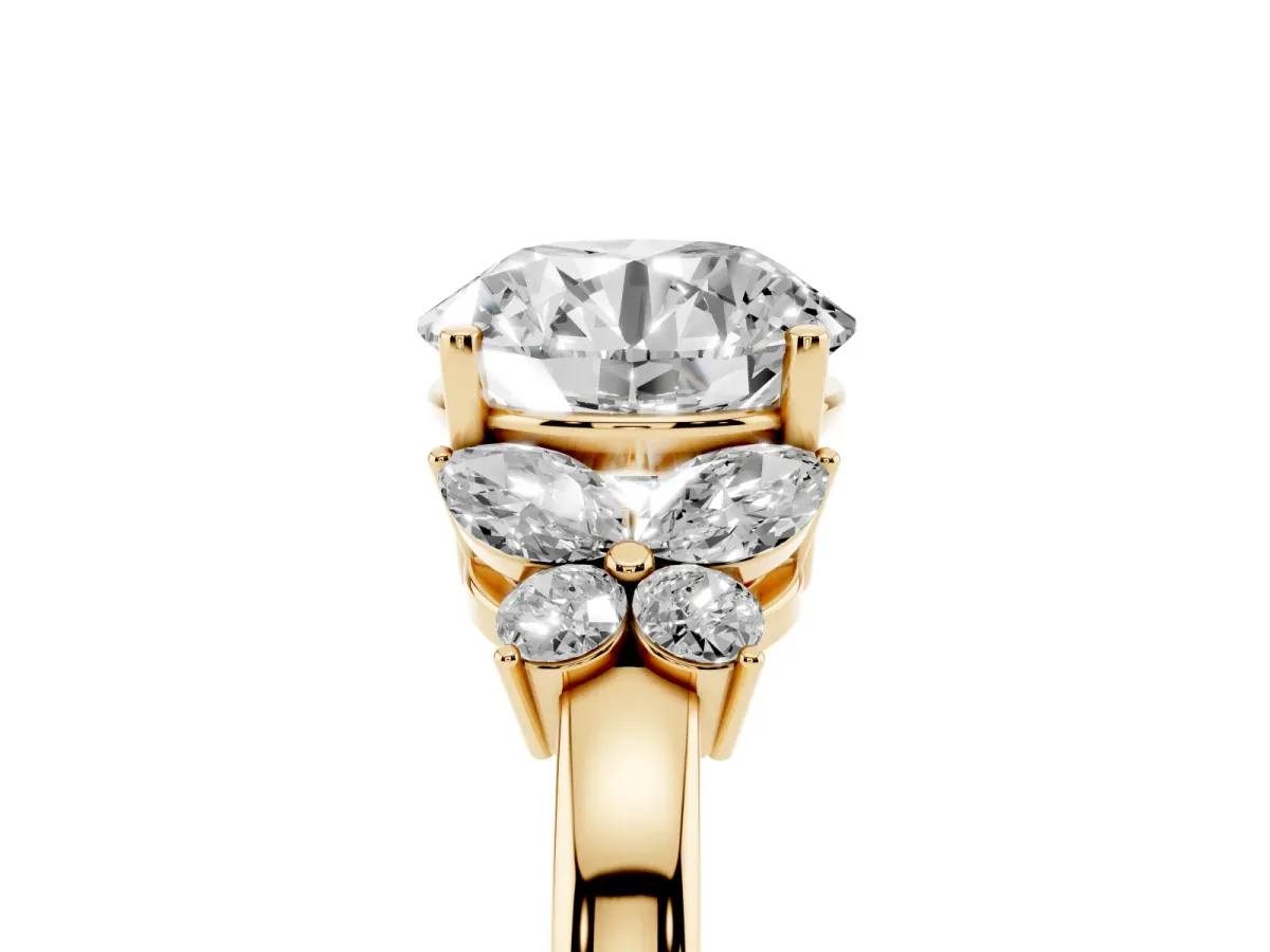 Round Cut Cut Solitaire Floral Diamond Ring with Four-Prong Setting Yellow gold
