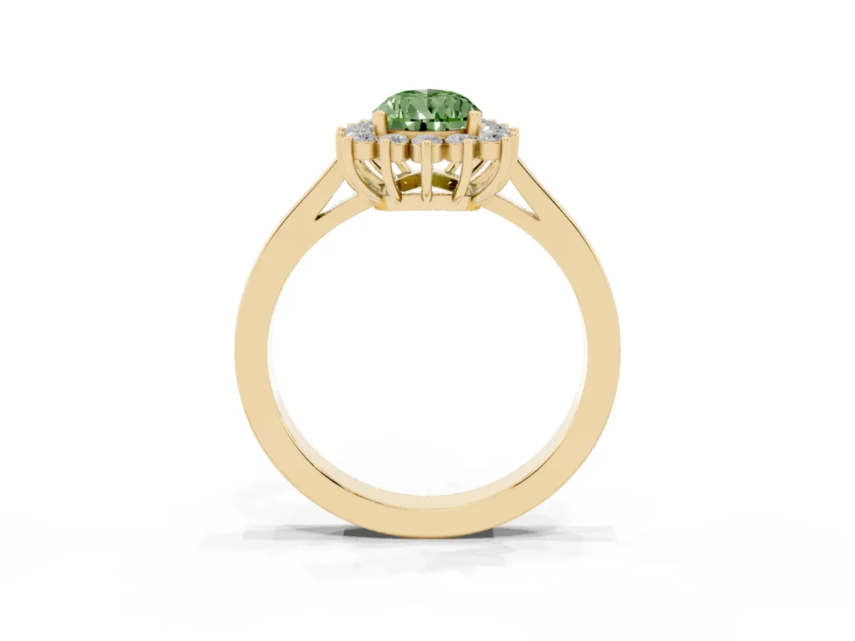 Fancy Green Pear Cut Cut Diamond Halo Ring with Round Brilliant Halo and Solitaire Band Yellow gold