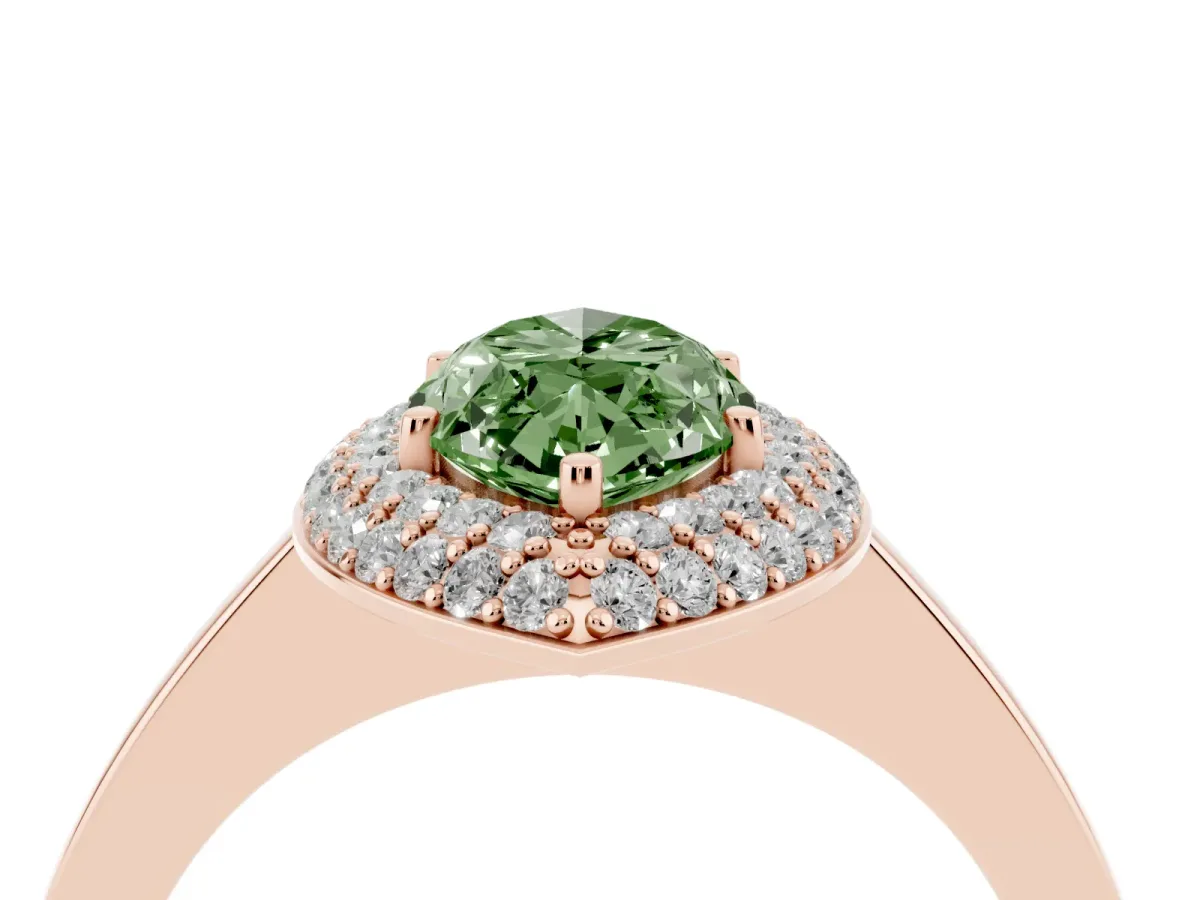 Fancy Green Marquise Cut Halo Diamond Engagement Ring with Solitaire Band and Four-Prong Setting Rose gold