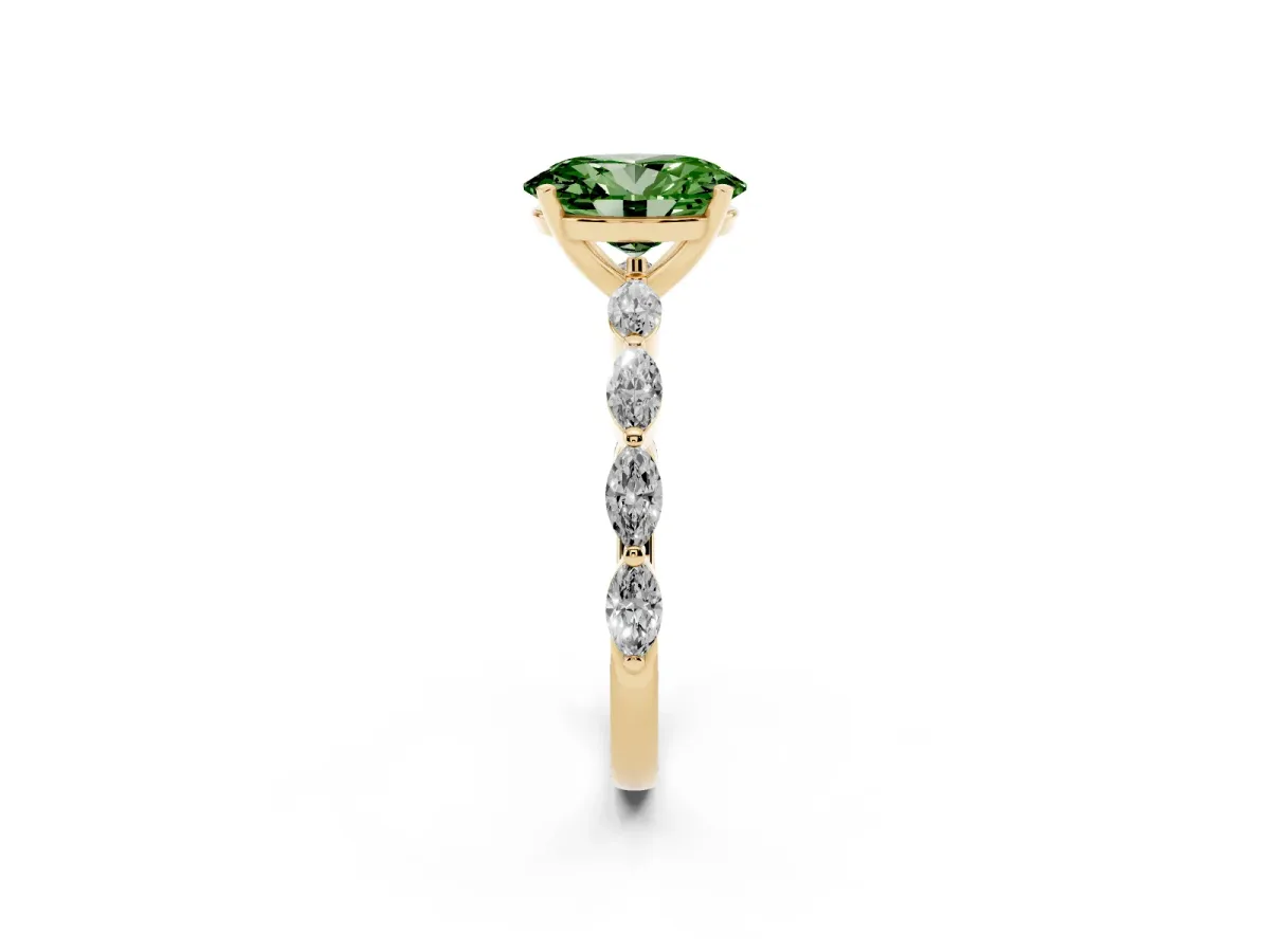 Fancy Green Oval Cut Diamond Ring with Marquise Side Stones and Prong Setting Yellow gold