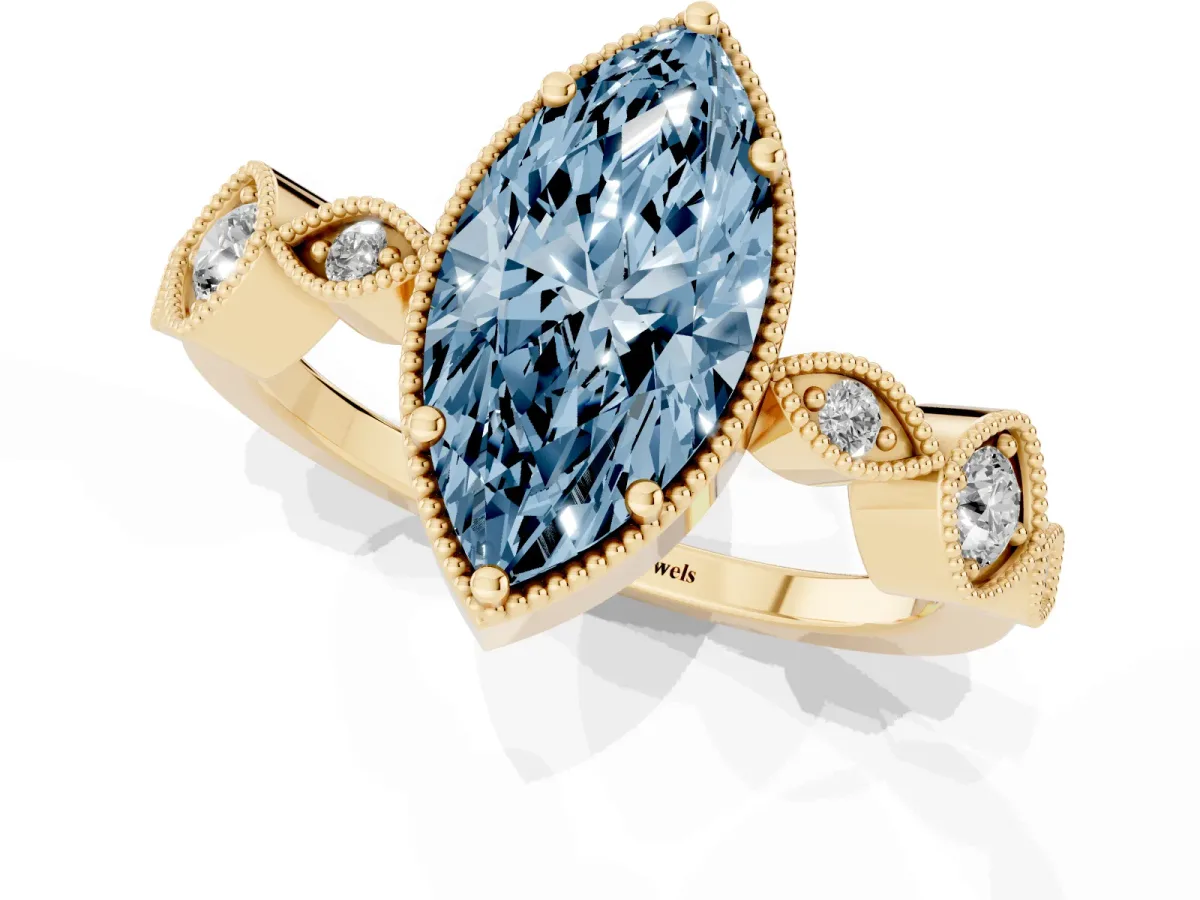 Fancy Blue Marquise Cut Diamond Vintage Milgrain Ring with Round Stations Yellow gold