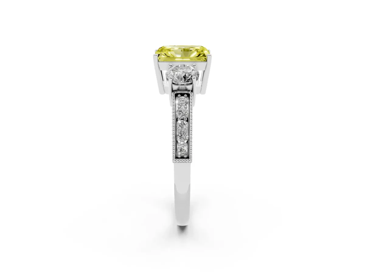 Fancy Yellow Radiant Cut Three-Stone Diamond Ring with Pavé Band and Four-Prong Setting Silver