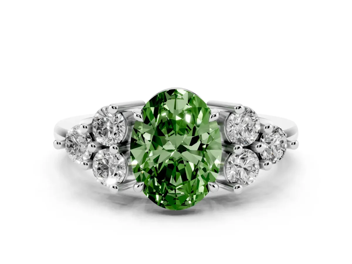 Fancy Green Oval Cut Brilliant Diamond Cluster Accent Solitaire Ring with Prong Setting Platinum