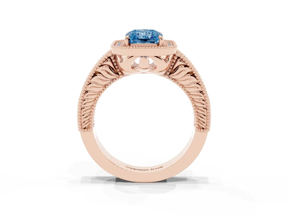 Fancy Blue Radiant Cut Cut Halo Diamond Ring with Pavé Band and Four-Prong Setting Rose gold
