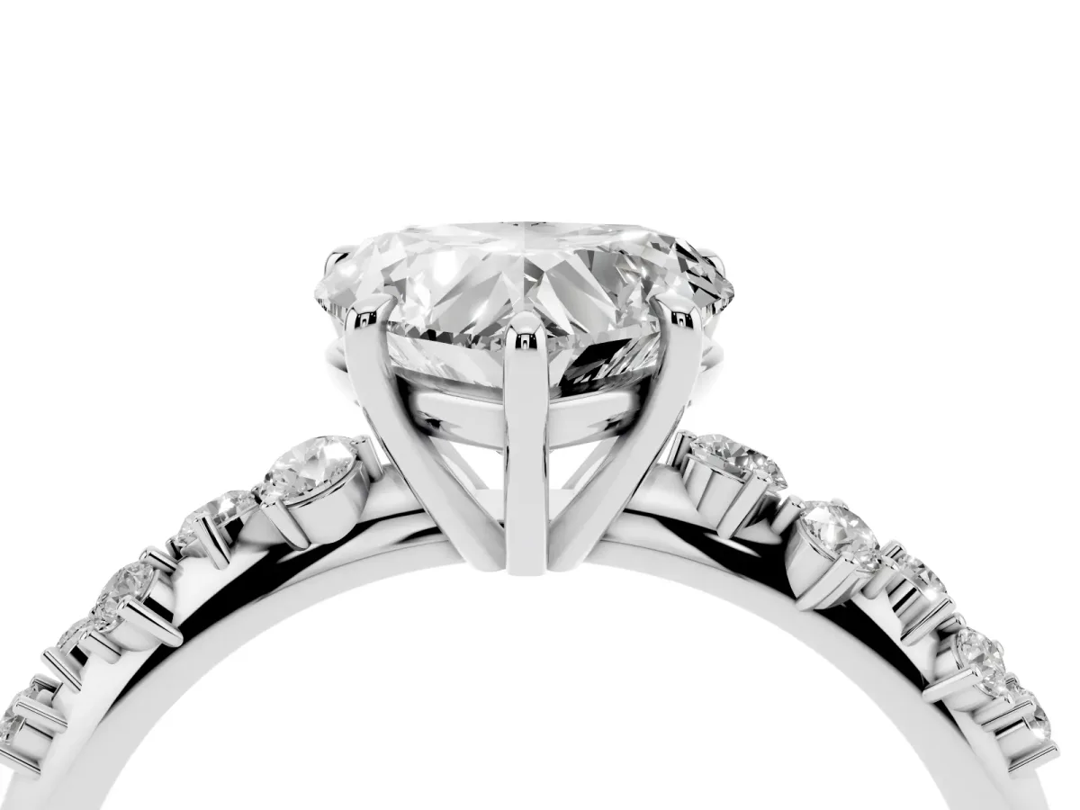 Heart Cut Diamond Cluster Side Stone Solitaire Ring with Prong Setting Silver