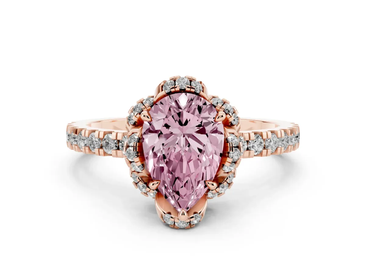Fancy Pink Pear Cut Halo Diamond Pave Band Ring with Four-Prong Setting Rose gold