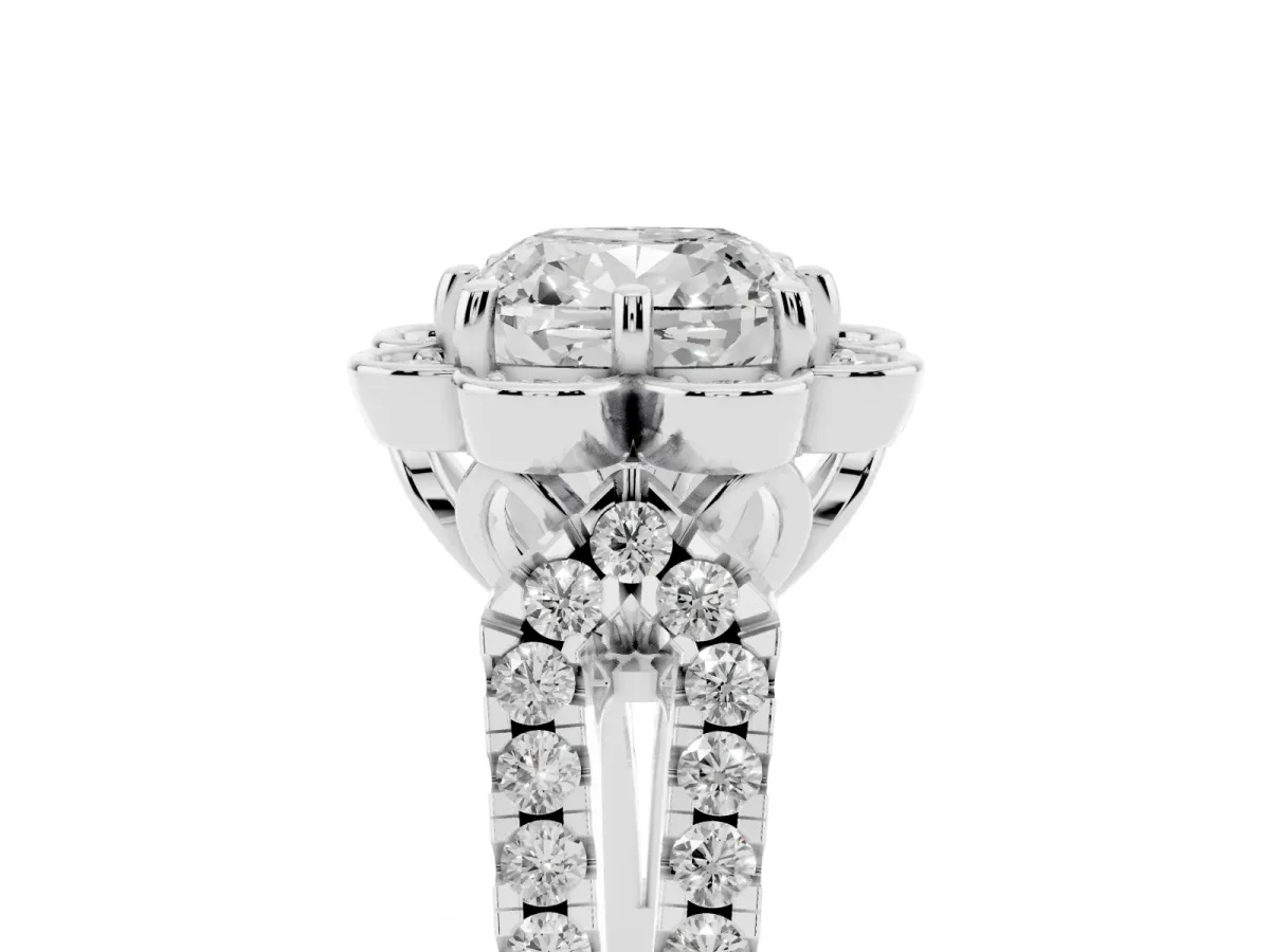 Cushion Cut Halo Diamond Floral Split Shank Engagement Ring Platinum