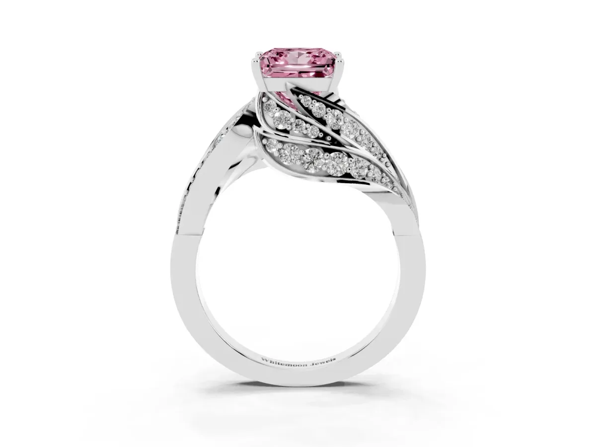 Fancy Pink Princess Cut Diamond Solitaire Ring with Prong Setting and Twisted Pavé Band Silver