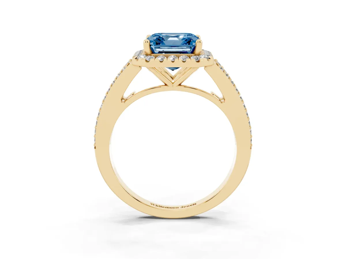 Fancy Blue Asscher Cut Halo Split Shank Diamond Ring with Prong Setting Yellow gold