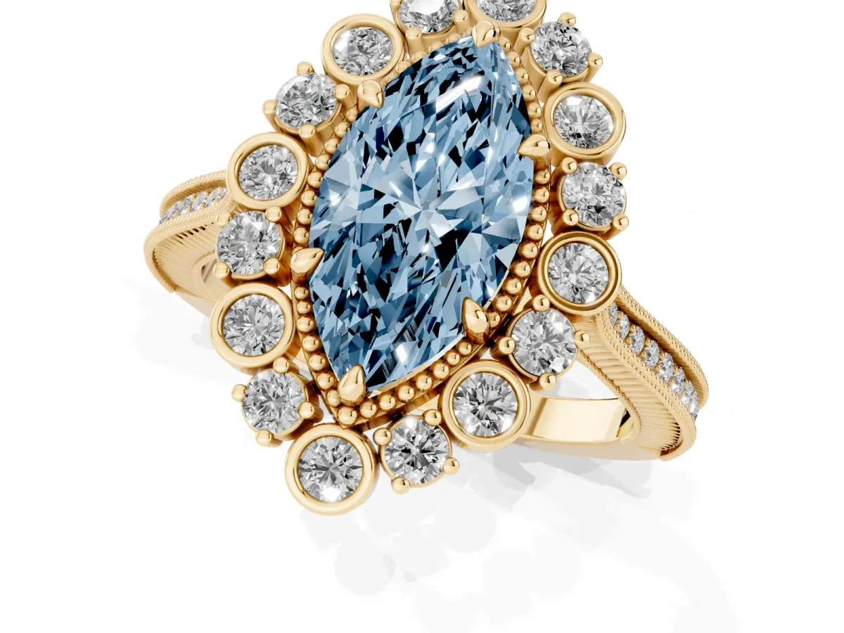 Fancy Blue Marquise Cut Halo Milgrain Pave Diamond Ring with Four-Prong Setting Yellow gold