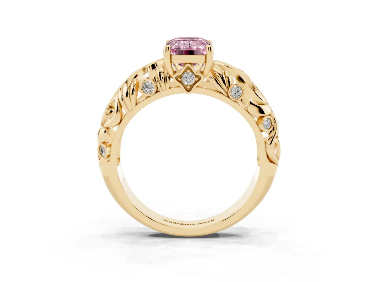 Fancy Pink Emerald Cut Solitaire Diamond Leaf-Inspired Vine Band Ring with Prong Setting Yellow gold