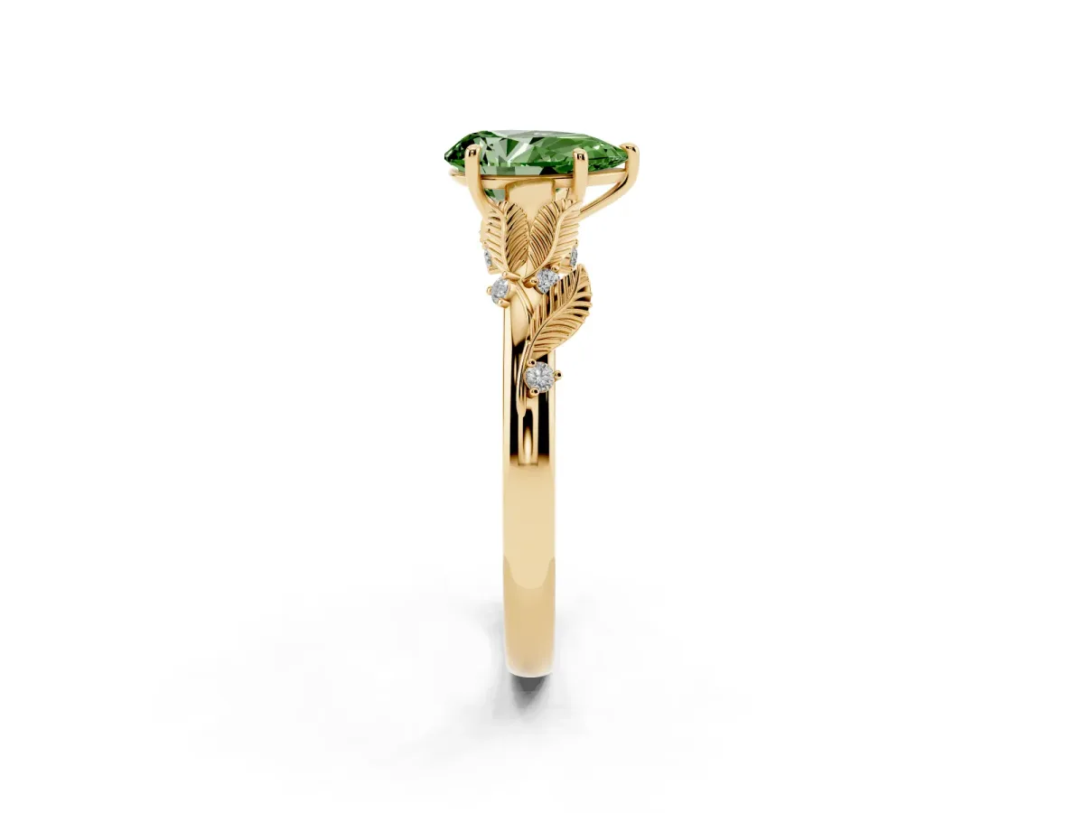 Fancy Green Pear Cut Diamond Solitaire Ring with Leaf Motif Band and Four-Prong Setting Yellow gold