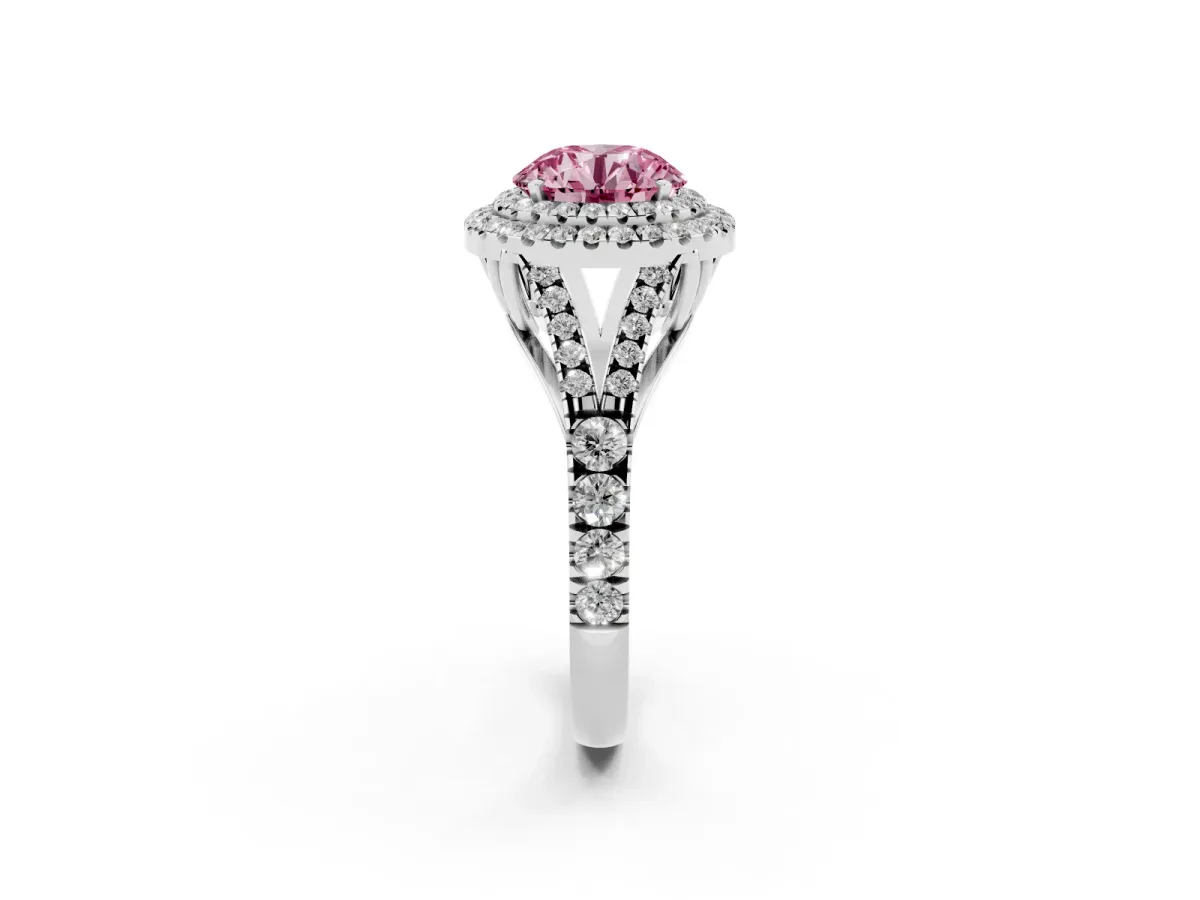 Fancy Pink Round Cut Diamond Pavé Split Shank Double Halo Engagement Ring Silver