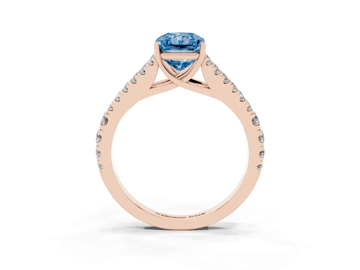 Fancy Blue Radiant Cut Diamond Split Shank Engagement Ring with Round Pavé and Prong Setting Rose gold