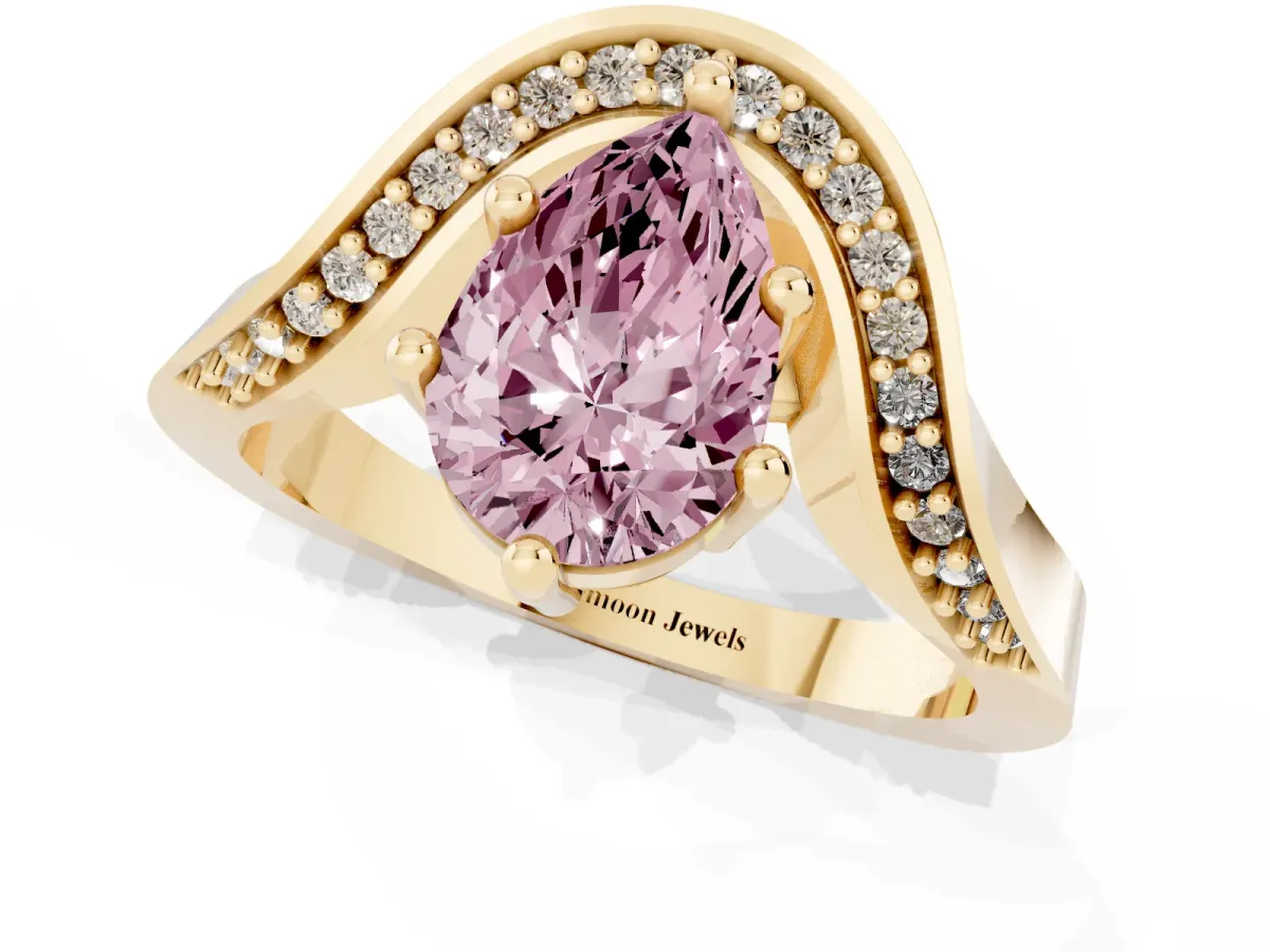 Fancy Pink Pear Cut Solitaire Diamond Engagement Ring with Pave Band and Four-Prong Setting Yellow gold