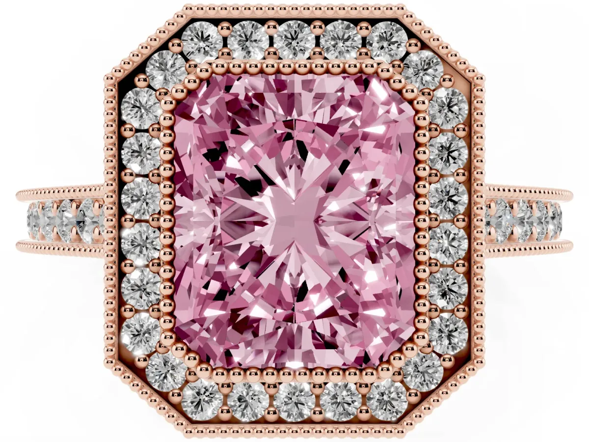 Fancy Pink Halo Radiant Cut-Cut Diamond Pave Band Milgrain Prong Setting Ring Rose gold