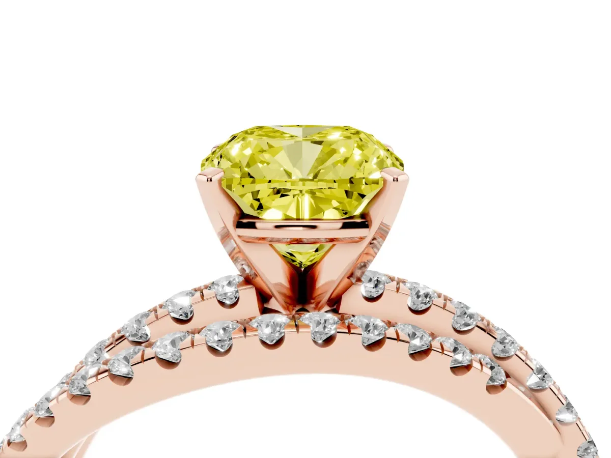 Fancy Yellow Cushion Cut Solitaire Twist Band with Pavé Setting and Four-Prong Setting Rose gold