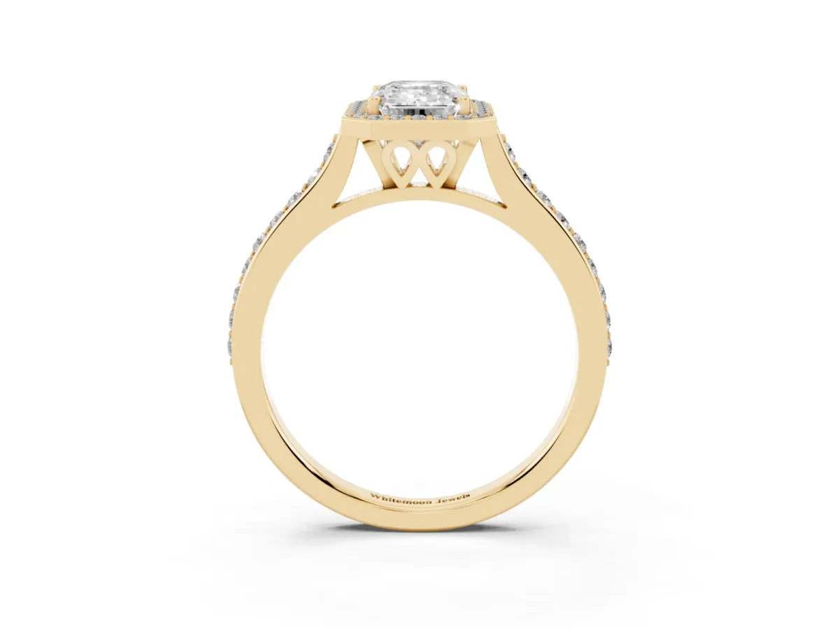 Emerald Cut Diamond Halo Engagement Ring with Round Pavé Shoulders and Prong Setting Yellow gold