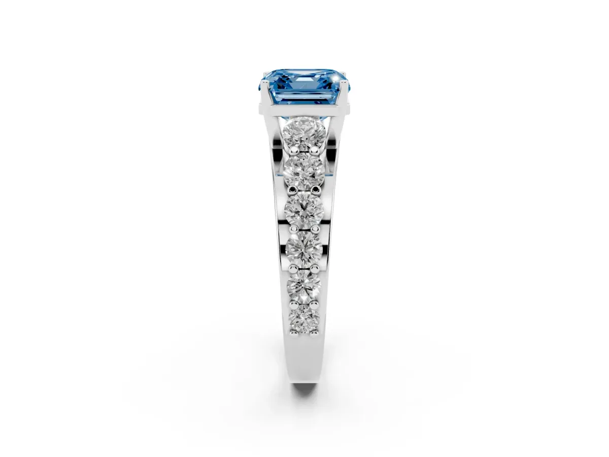 Fancy Blue Asscher Cut Diamond Engagement Ring with Pavé Band and Four-Prong Setting Silver