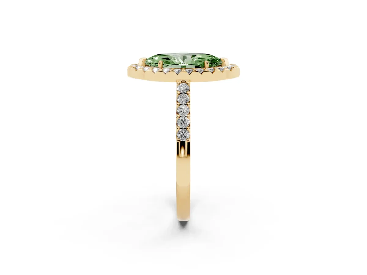 Fancy Green Marquise Cut Halo Diamond Pavé Solitaire Ring Yellow gold