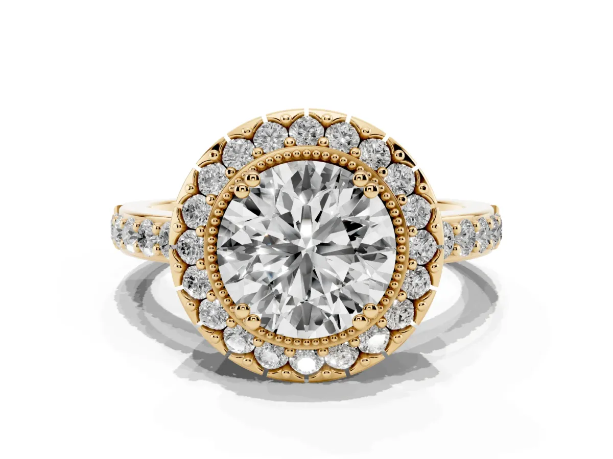 Round Cut Diamond Halo Ring with Pavé Band and Prong Setting Yellow gold