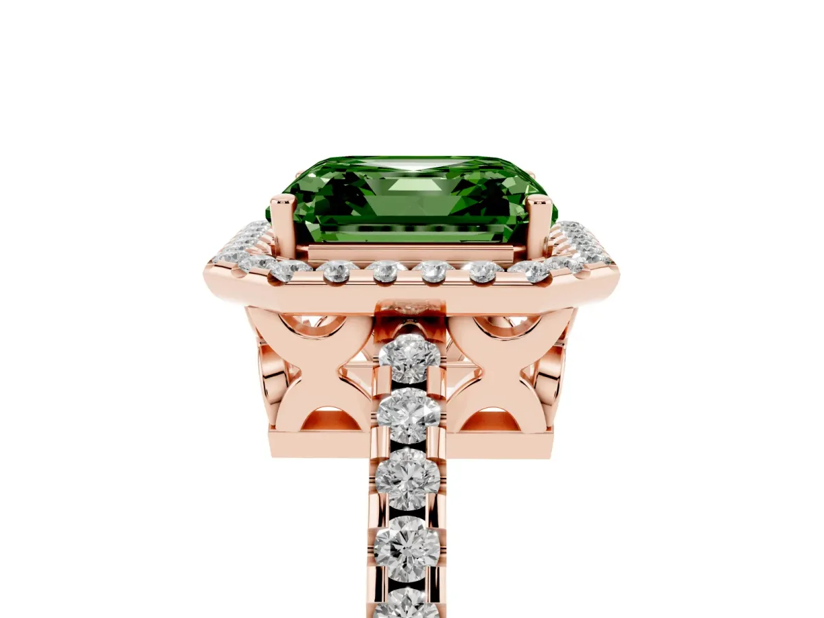 Fancy Green Asscher Cut Diamond Halo Engagement Ring with Pavé Band and Prong Setting Rose gold