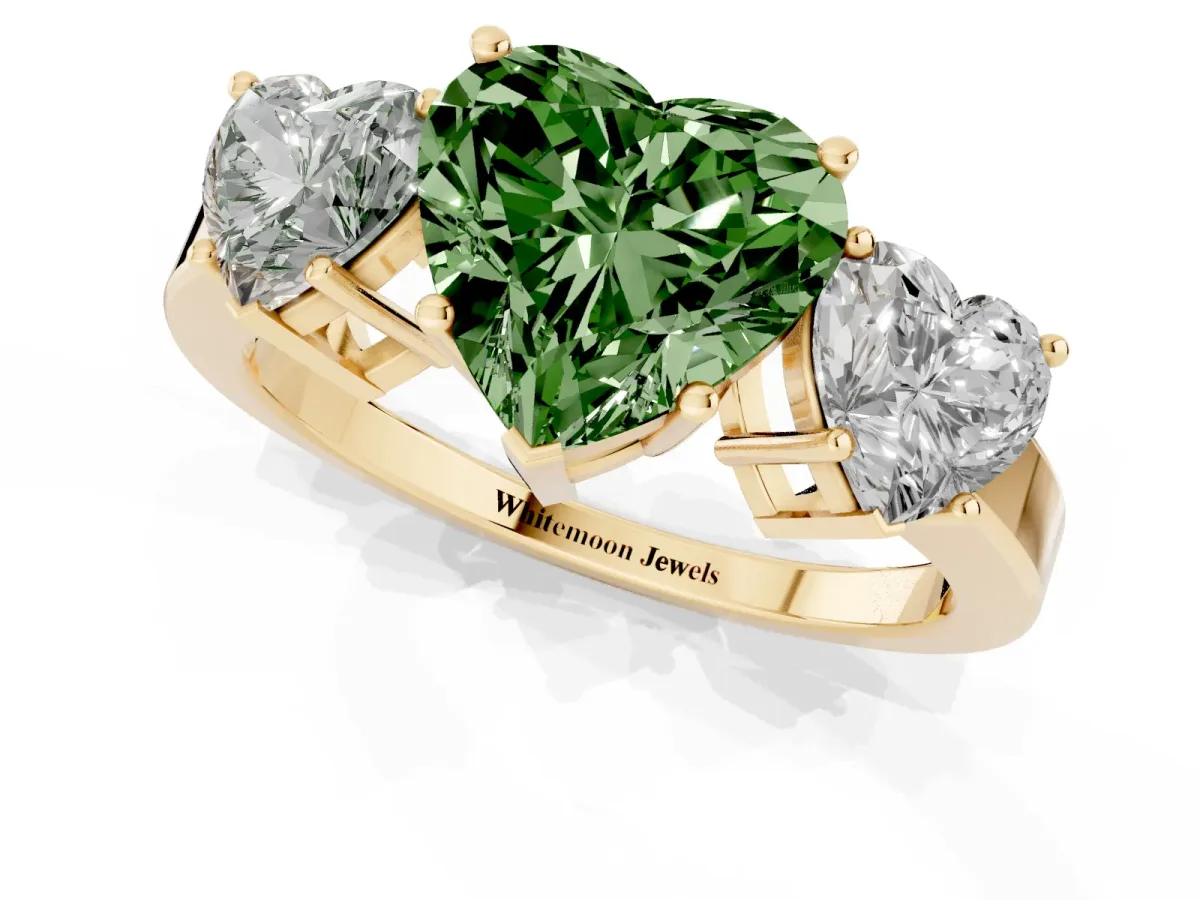 Fancy Green Three-Stone Heart Cut Cut Diamond Engagement Ring with Flat Band and Four-Prong Setting Yellow gold