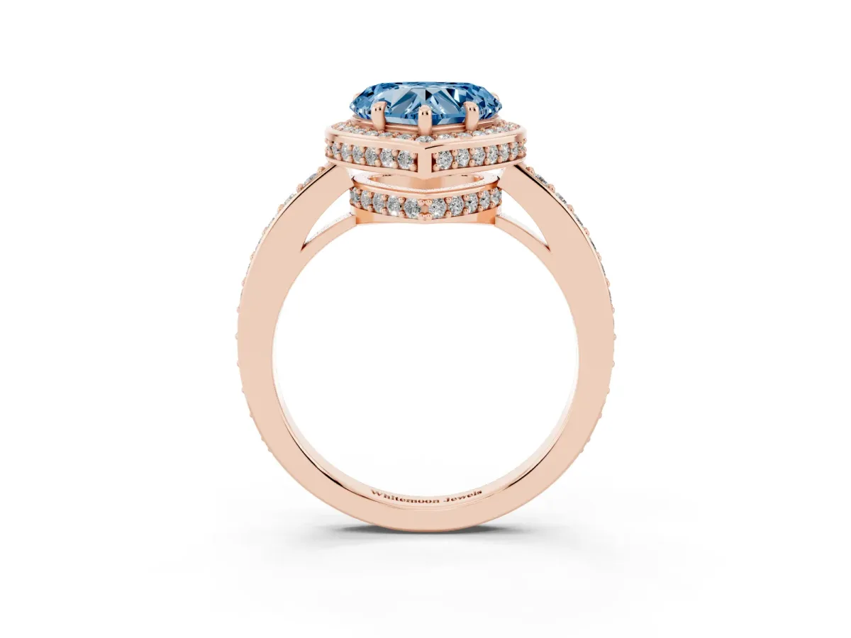 Fancy Blue Heart Cut Halo Pave Band Solitaire Ring with Prong Setting Rose gold
