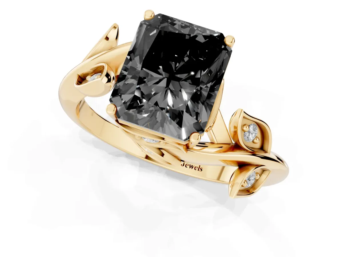 Fancy Black Radiant Cut Solitaire Twist Engagement Ring with Leaf Accents and Prong Setting Yellow gold