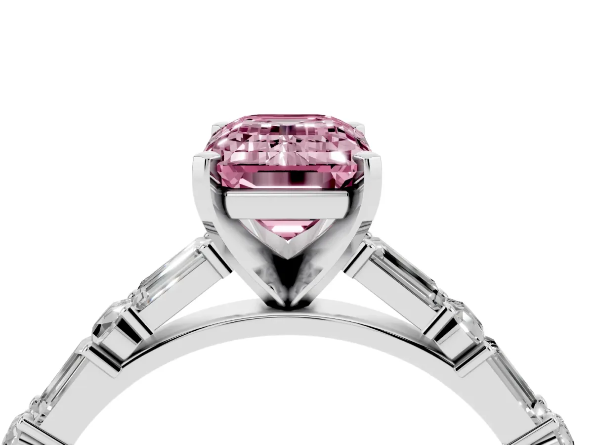 Fancy Pink Emerald Cut Diamond Solitaire with Side Baguettes and Channel Set Band Silver