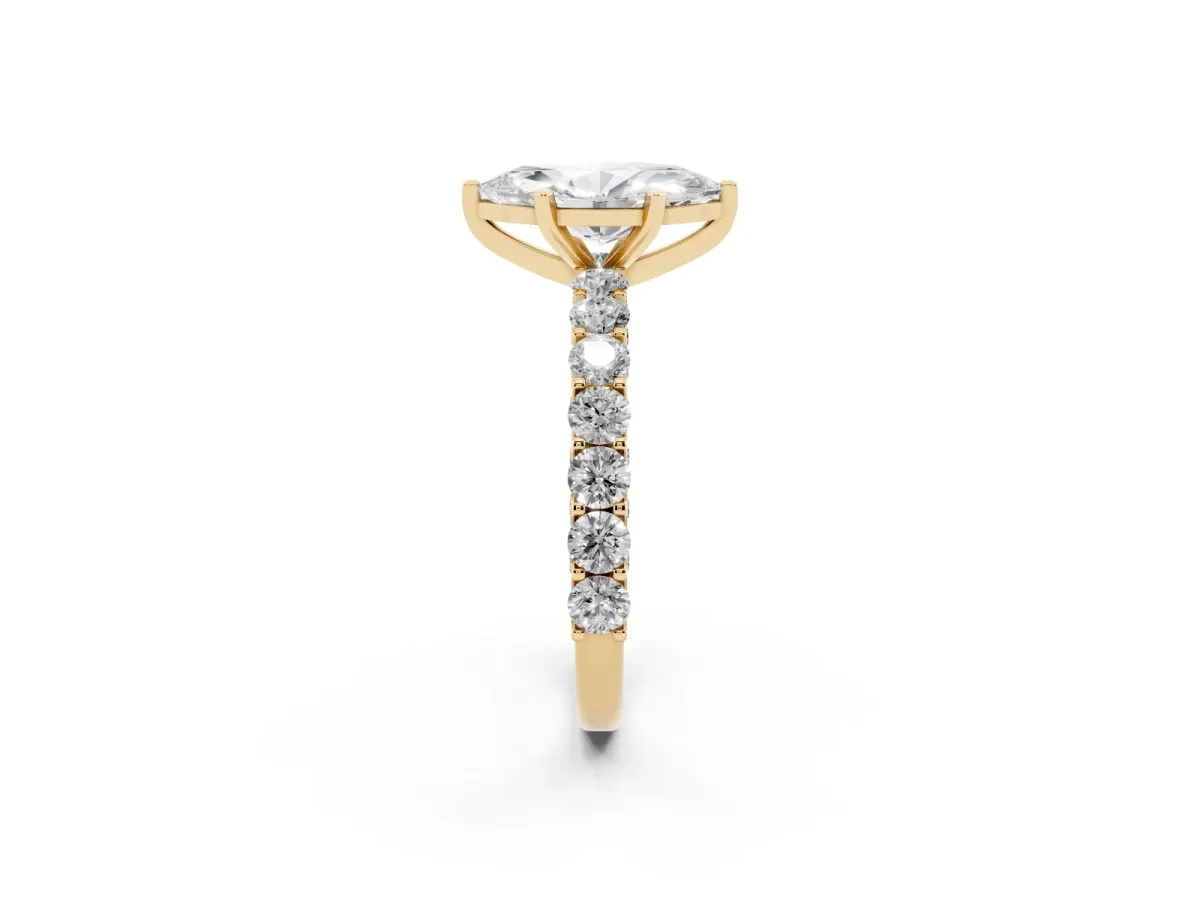 Marquise Cut Diamond Solitaire Ring with Shared Prong Pavé Band and Four-Prong Setting Yellow gold