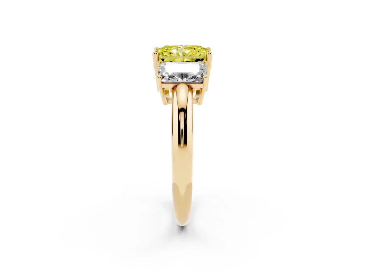 Fancy Yellow Three-Stone Radiant Cut Cut Diamond Engagement Ring with Prong Setting on a White Gold Band Yellow gold