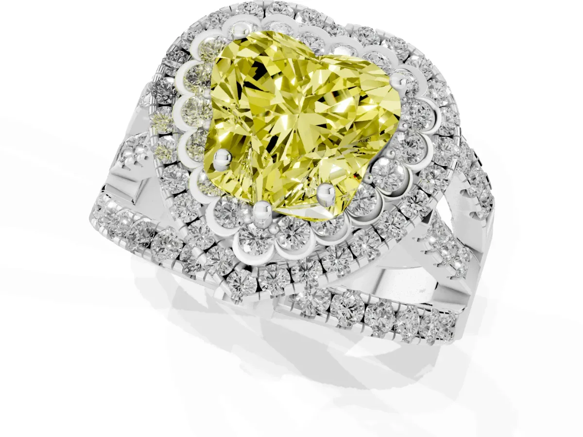Fancy Yellow Heart Cut Diamond Double Halo Ring with Round Pavé Split Shank and Prong Setting Silver