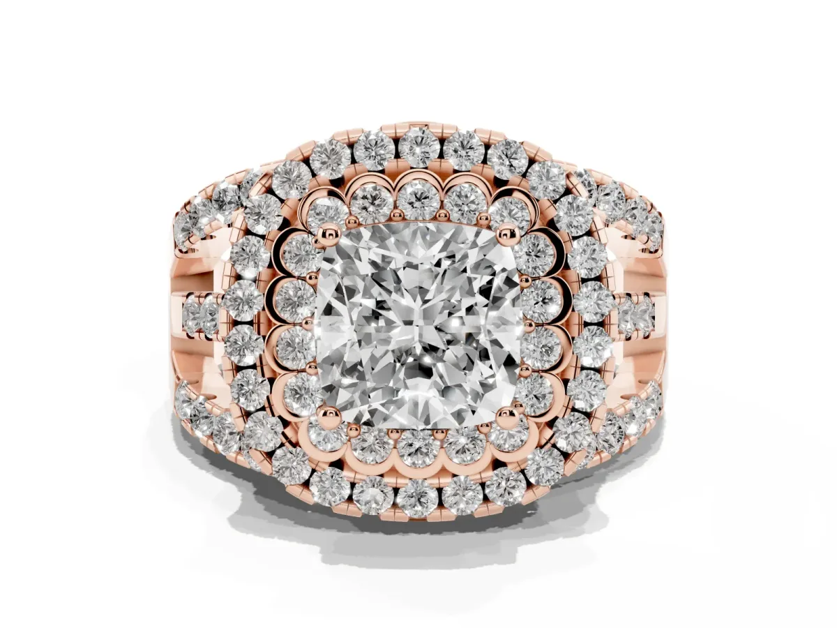 Cushion Cut Diamond Double Halo Ring with Round Pavé Split Shank and Prong Setting Rose gold