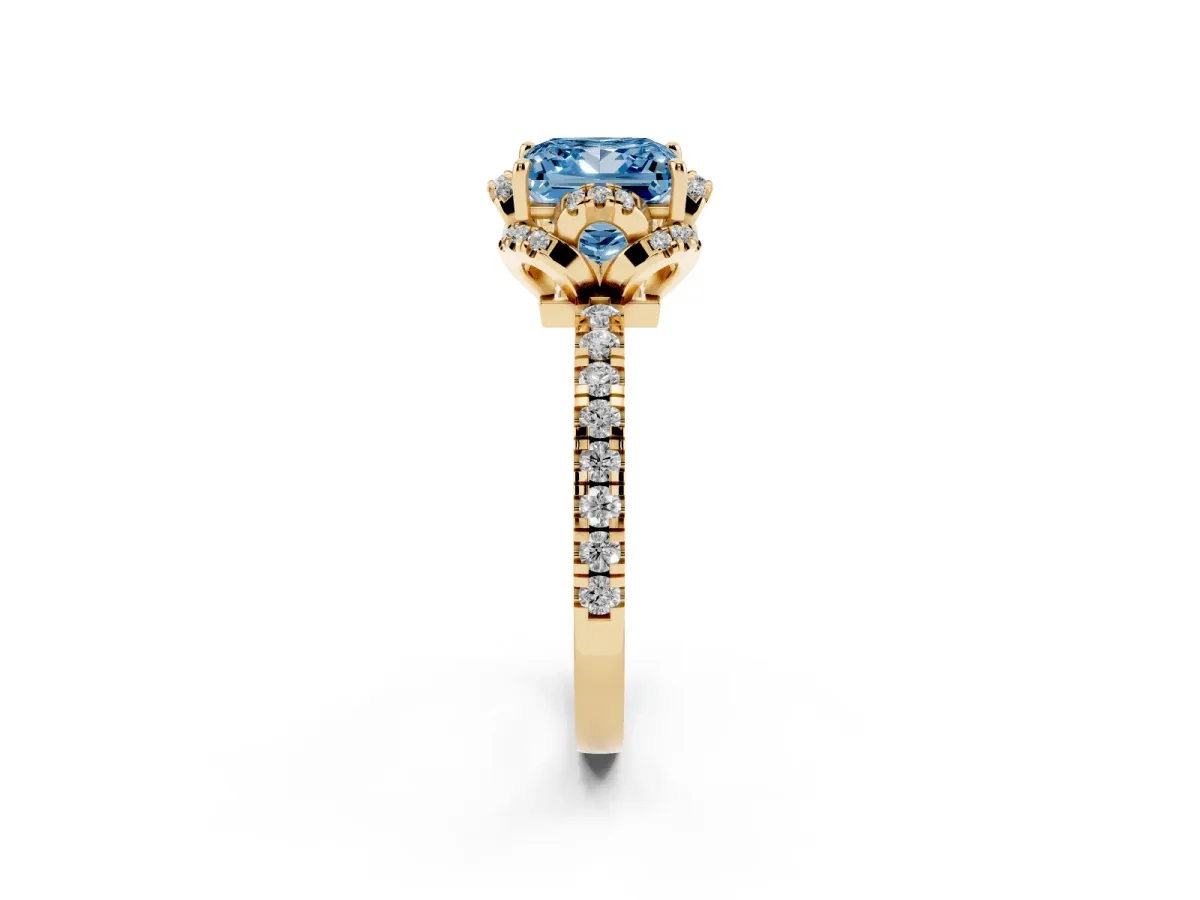 Fancy Blue Princess Cut Diamond Halo Pave Band with Four-Prong Setting Yellow gold