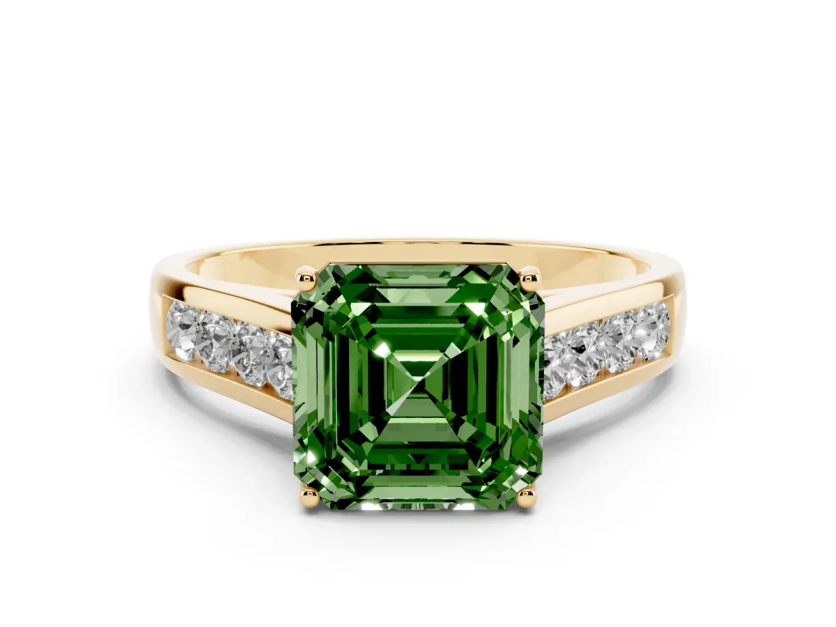 Fancy Green Asscher Cut Solitaire Channel-Set Diamond Engagement Ring with Four-Prong Setting Yellow gold
