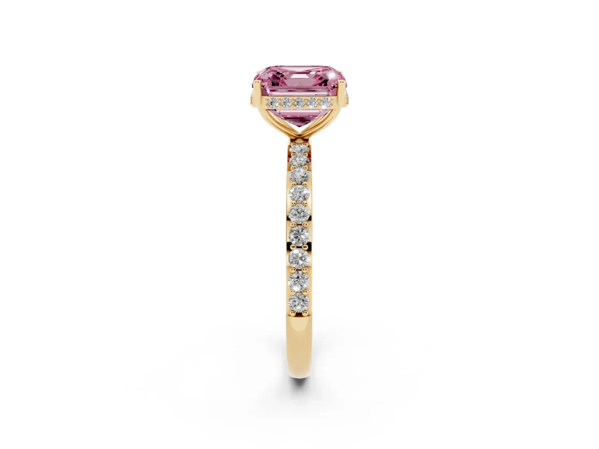 Fancy Pink Asscher Cut Diamond Solitaire Ring with Pavé Band and Hidden Halo Yellow gold
