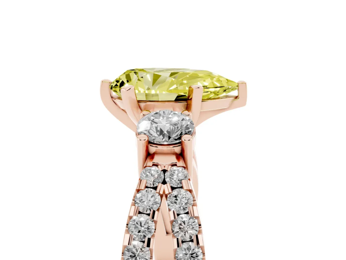 Fancy Yellow Pear Cut Diamond Three-Stone Ring with Pavé Split Shank and Four-Prong Setting Rose gold