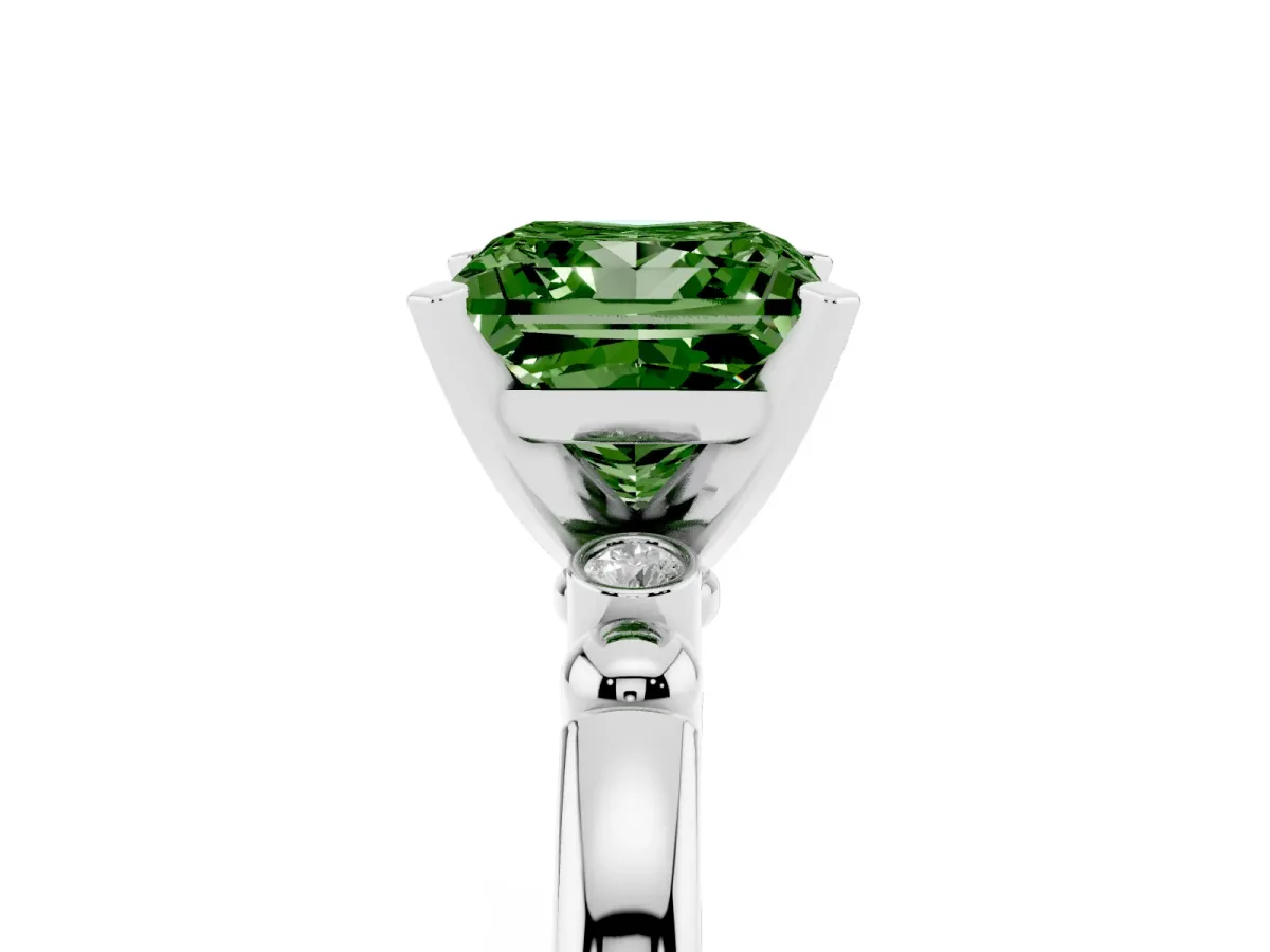 Fancy Green Princess Cut Solitaire Beaded Band with Four-Prong Setting Silver