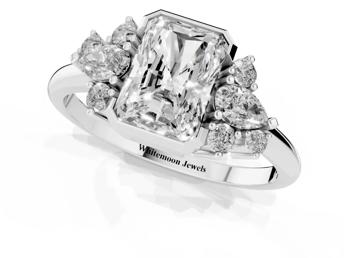 Radiant Diamond Engagement Ring with Pear and Round Side Stones Platinum