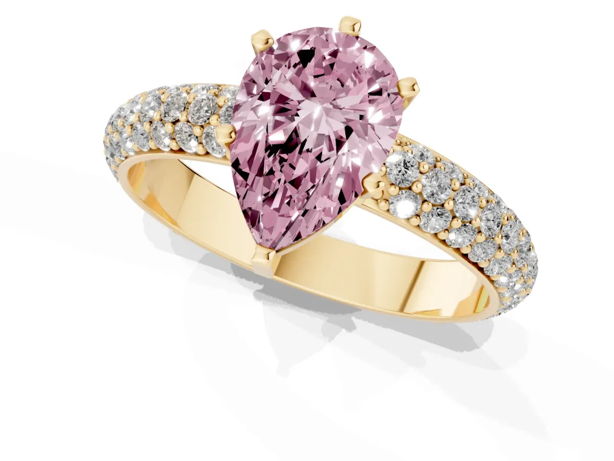 Fancy Pink Pear Cut Diamond Solitaire Ring with Prong Setting and Pavé Band Yellow gold