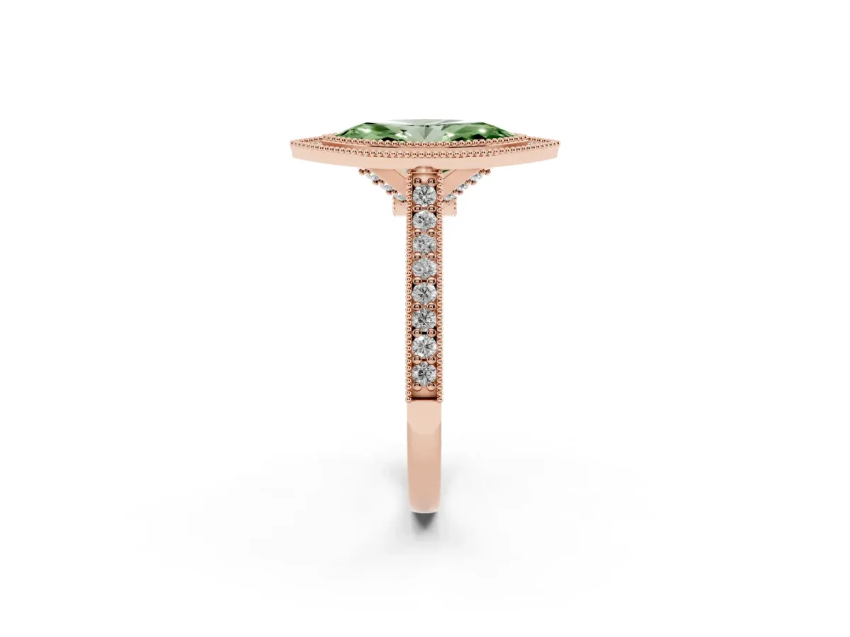 Fancy Green Halo Marquise Cut-Cut Diamond Pave Band Milgrain Prong Setting Ring Rose gold