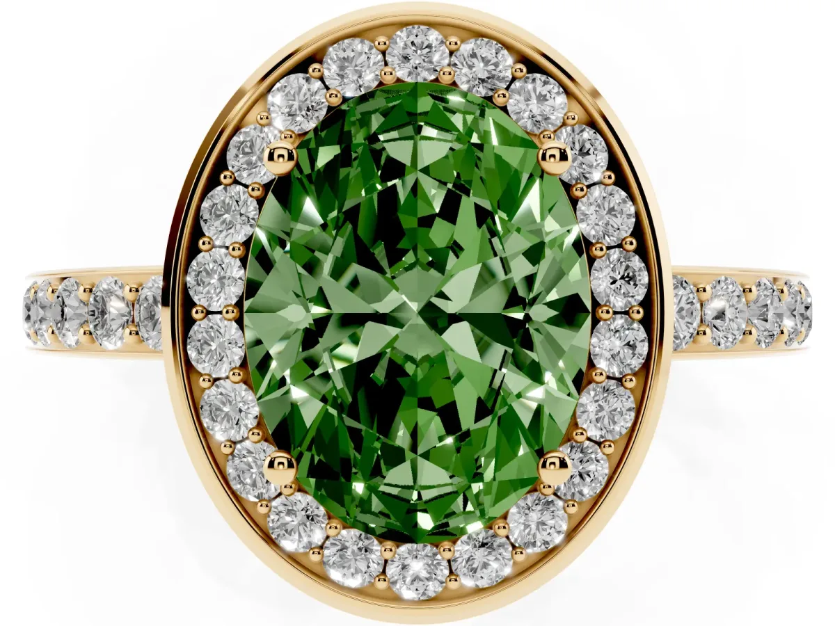 Fancy Green Oval Cut Diamond Halo Ring with Bezel Frame and Pavé Band Yellow gold