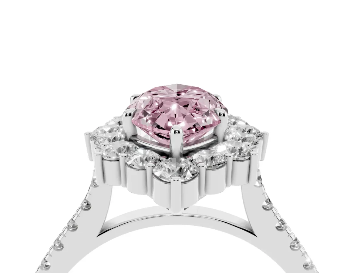 Fancy Pink Marquise Cut Halo Diamond Ring with Pavé Band and Prong Setting Silver