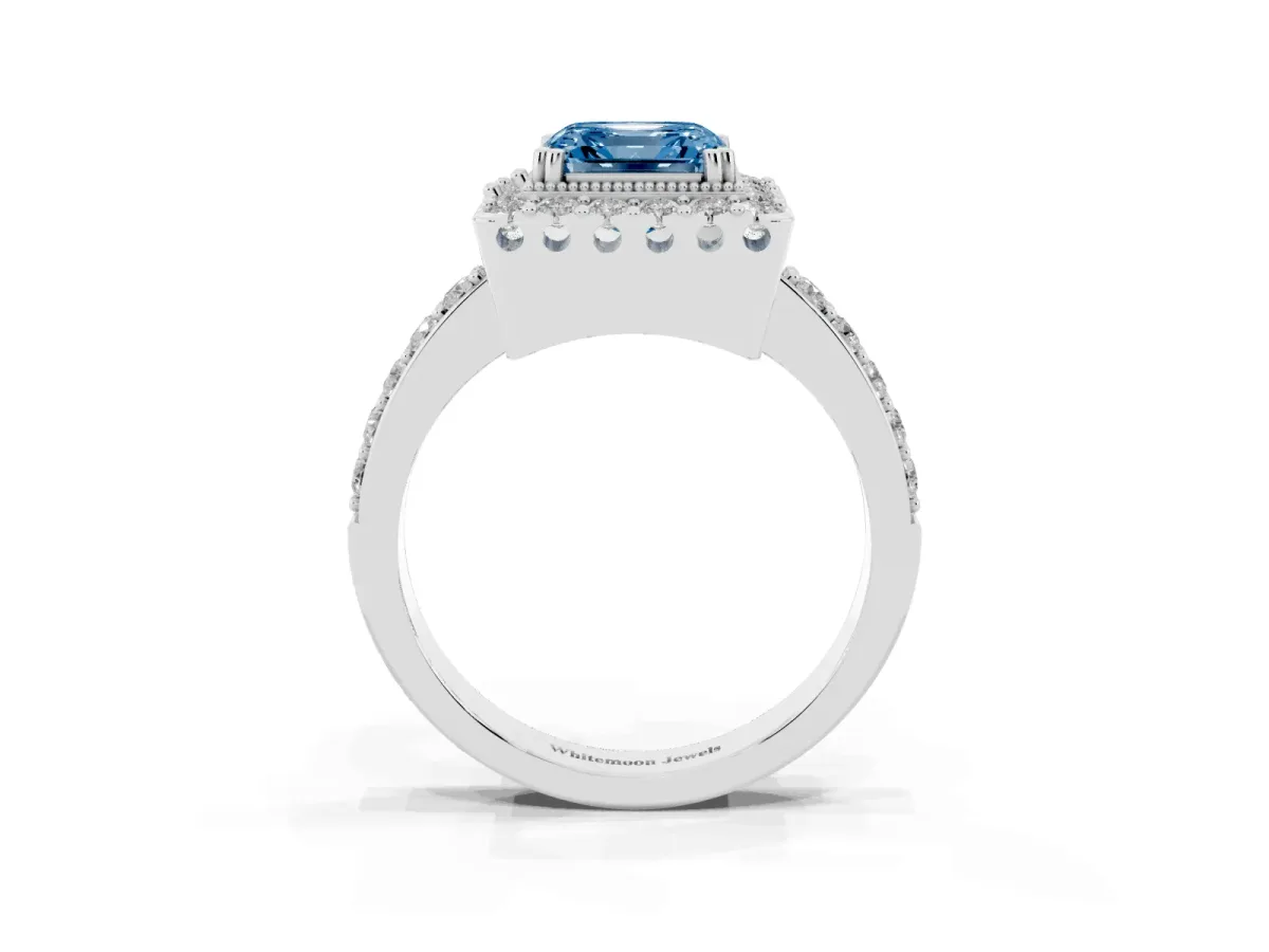Fancy Blue Asscher Cut Diamond Halo Ring with Pavé Band and Prong Setting Silver