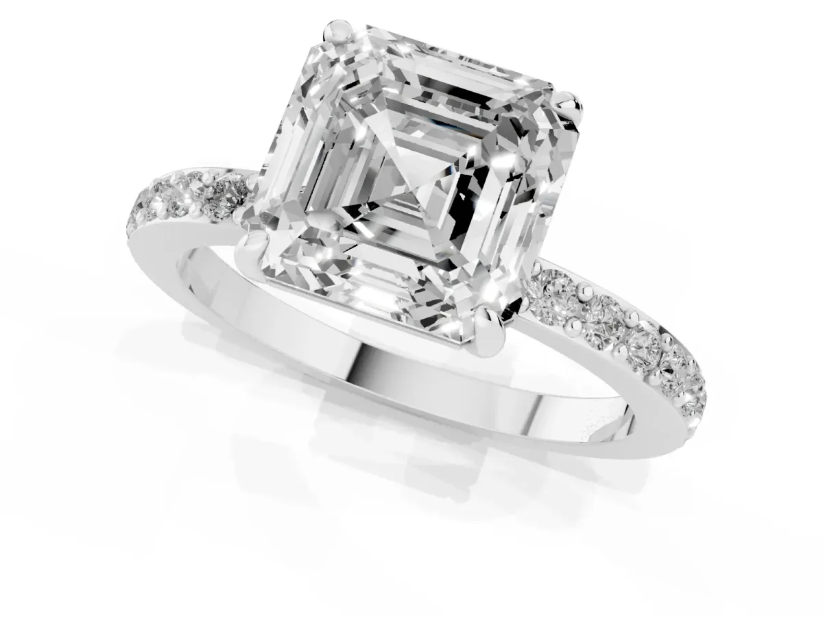 Asscher Cut Diamond Solitaire Engagement Ring with Pavé Band and Four-Prong Setting Platinum