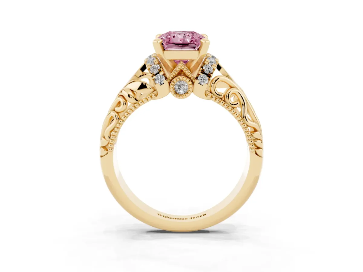 Fancy Pink Radiant Cut Solitaire Filigree Engagement Ring with Halo and Prong Setting Yellow gold