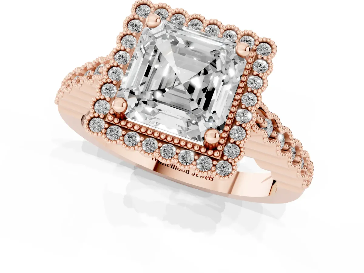Asscher Cut Cut Halo Pavé Solitaire Ring with Milgrain Band Rose gold