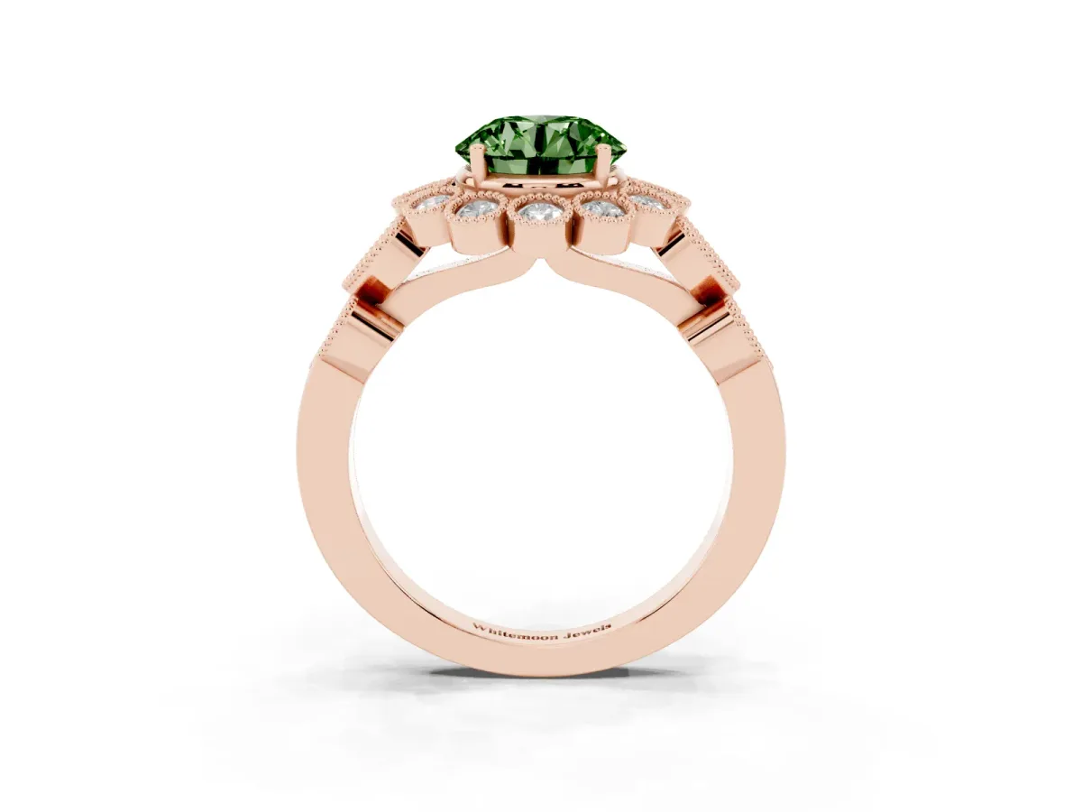 Fancy Green Round Cut Brilliant Milgrain Pave Heart Band Solitaire Ring Rose gold