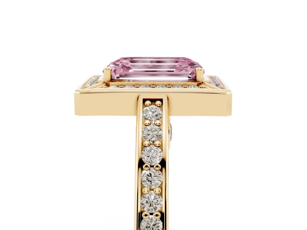 Fancy Pink Emerald Cut Cut Halo Pave Split Shank Prong Setting Ring Yellow gold